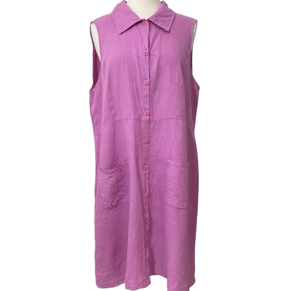 FLAX 100% Linen Raspberry Button Front Shirt Dress w Collar Flowy Relaxed Fit - Picture 11 of 11